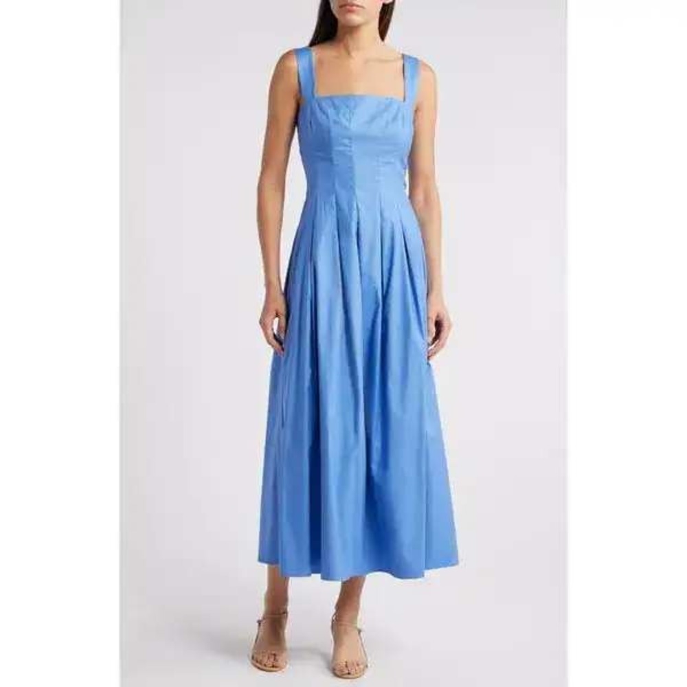 Reformation Mika Dress Size 12 Dusk Blue Organic Cotton Midi Square Neck Pleated